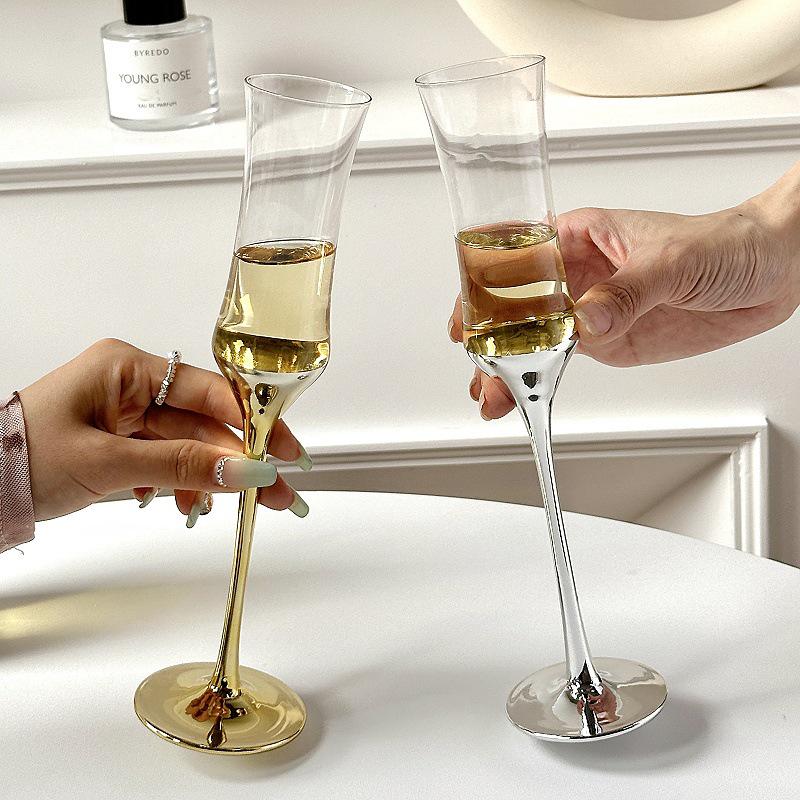 French Waist-Cinching Crystal Champagne Glass - Elegant Electroplated, High-Stem Bubble Cup for Desserts & Red Wine, Perfect for Gifting