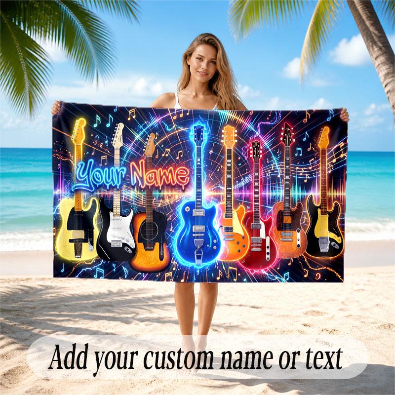 Music Guitar Theme Beach Towel Personalized Custom Name & Text Soft Quick Dry Beach Towel for Swimming Travel