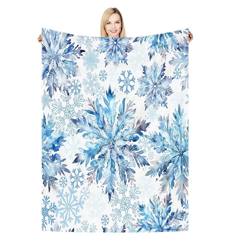 Cozy Modern Blue Snowflake Pattern Flannel Blanket - Soft for Sofa, Bed, Travel, Camping, Living Room - Halloween Christmas
