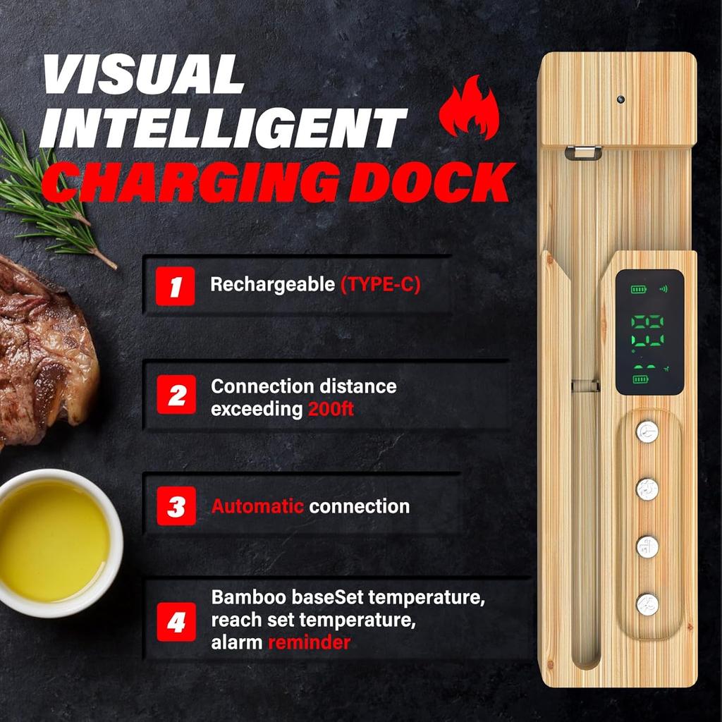 Smart Wireless Meat Thermometer, Meat Thermometer Digital for BBQ, Oven | Bluetooth & App-Enabled | Base with Charging and Temperature Display