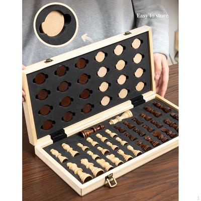 Wooden Chess Set Wood Board Portable Checkers Game Classic 15 Inch Folding