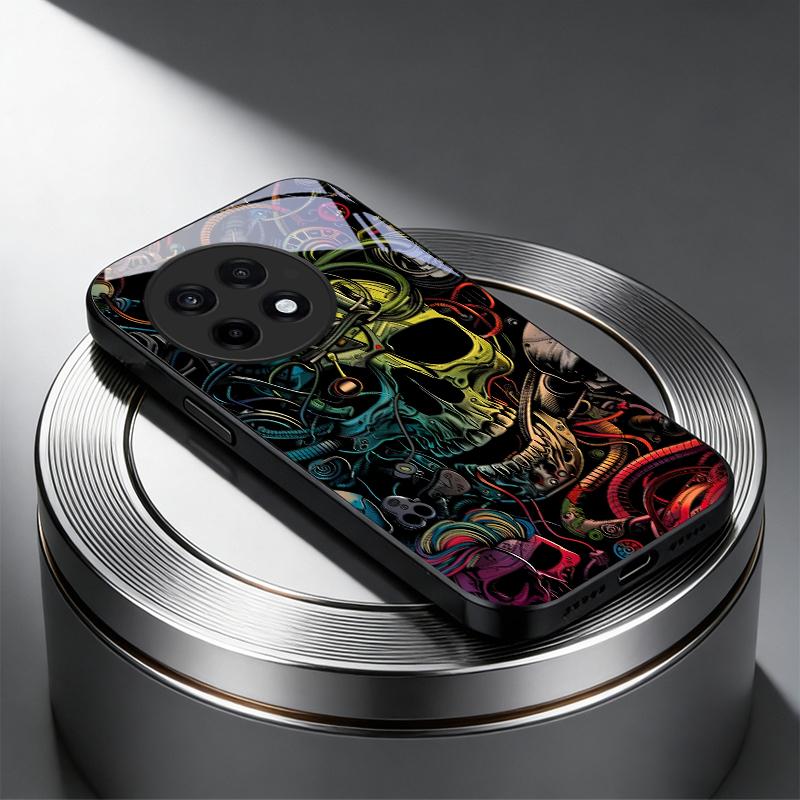 Neon Tech Skull Graffiti Black Glass Phone Case For OnePlus Ace 2 3 5 Pro Nord CE 2T 2 3 Lite 6 7T 8 9 10 Pro 11R 12R 13R Cover