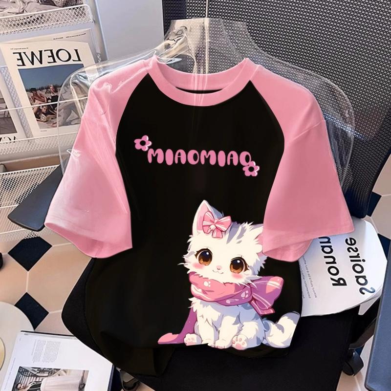 T-shirt Stampata con Grafica di Gatto Cartone Animato per Ragazza Estiva Casual da Donna per Bambini a Maniche Corte Abbigliamento