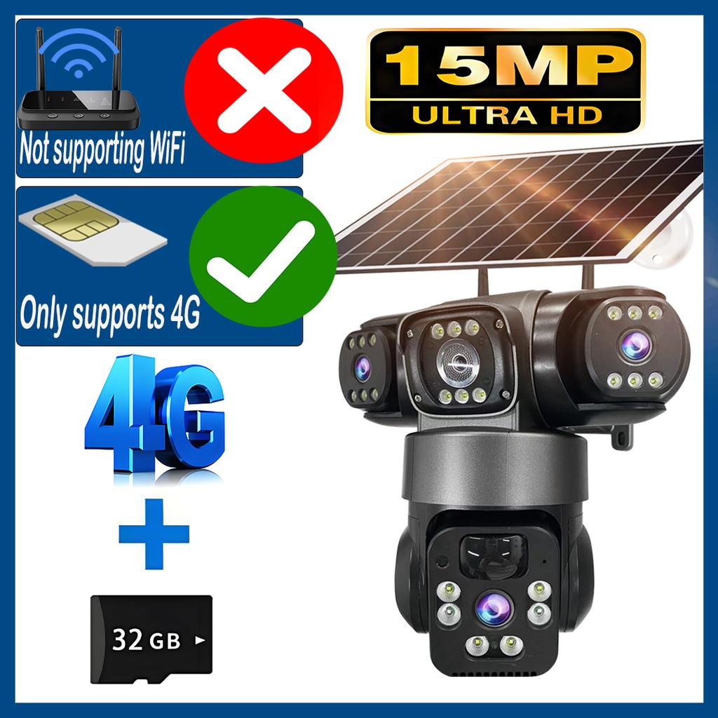 V380 15MP 4G SIM Solar Camera Outdoor Triple Lens Three Screen Two-Way Audio Auto Tracking Security Camera CCTV PTZ Surveillance