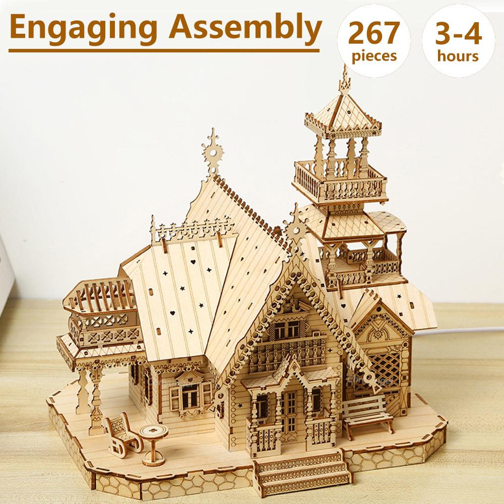 DIY Villa 3D Wooden Model Kit with Light Castle Puzzles Assembly Toy Kid Adult DIY Model Kits Desk Decoration for Gift