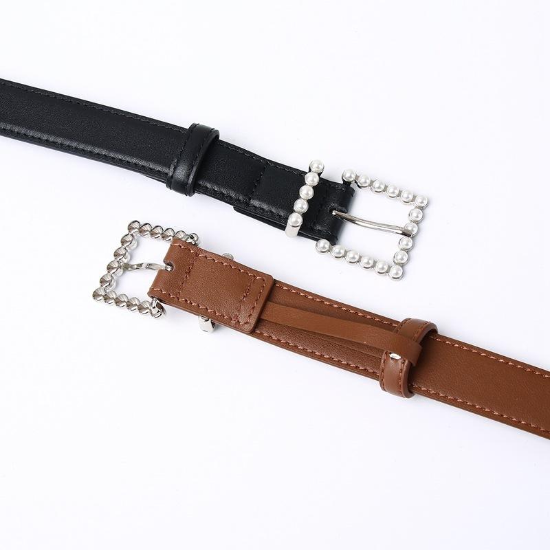 2.4Cm Wide Leather First Layer Cowhide Belt Women'S Versatile Pearl Button Head Fashion Trend Casual Pants Belt Women'S