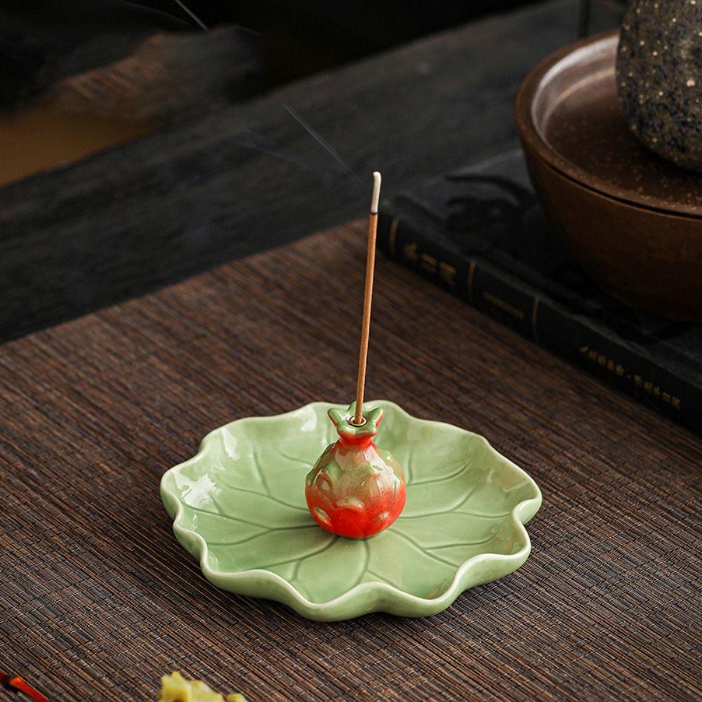 Creative Frog Lotus Ceramic Incense Holder with Lotus Leaf Tray Ash Catcher Zen Incense Burner Incense Stick Holder Home Decor
