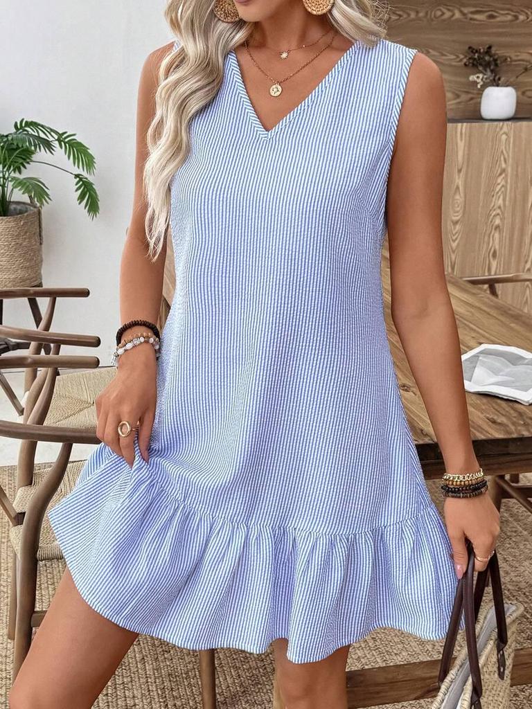 2026 Women's Casual Striped Button-Back Mini Dress - Vacation Style