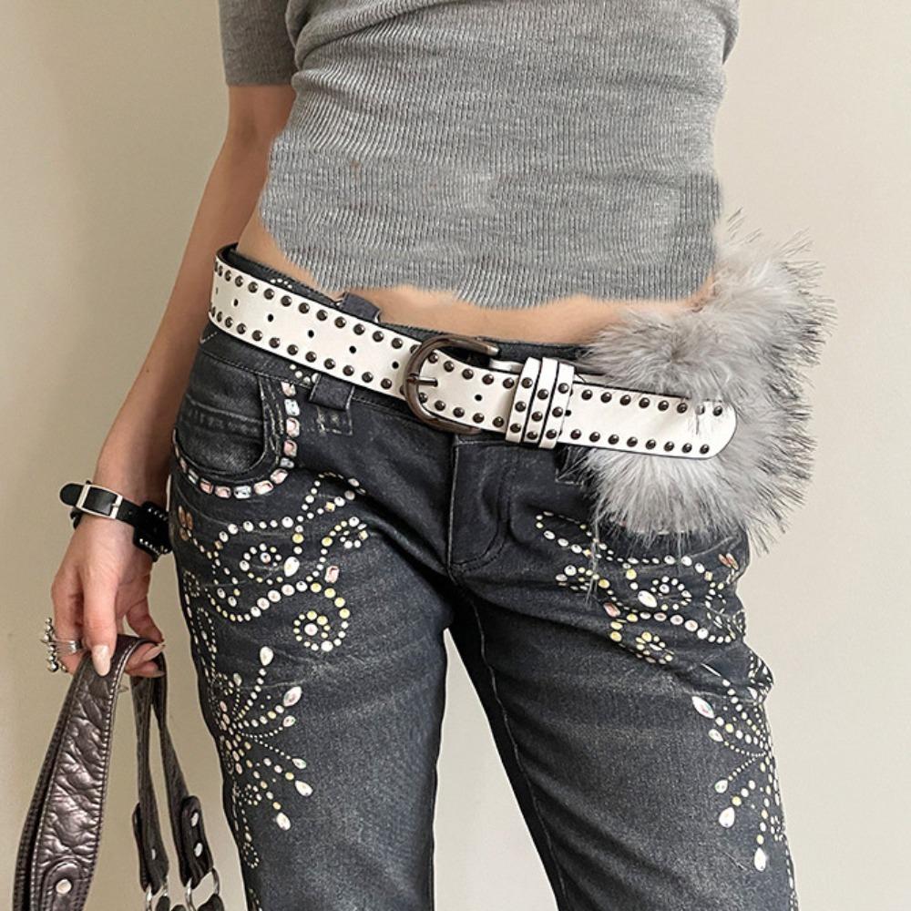 Fashion Y2K Waist Belts Rivet Decoration Adjustable Furry Waistband Leather Belt