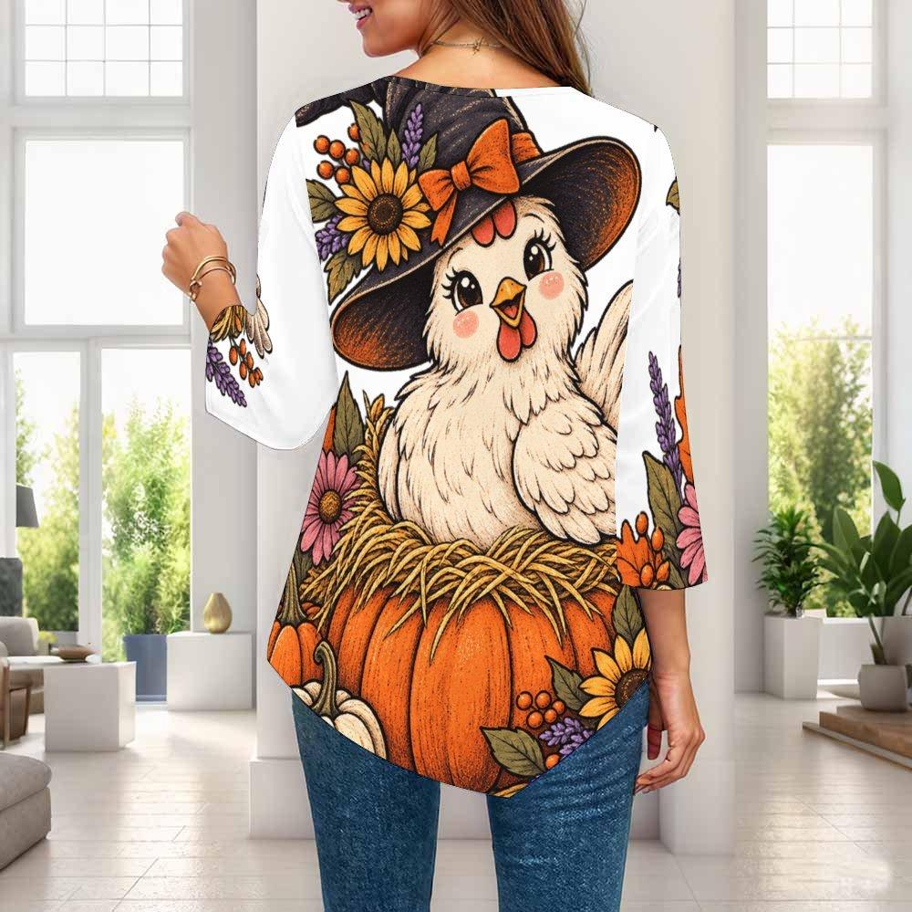 Ladies Plus Size Loose Three Quarter Sleeve Blouse Pointed Hem Breathable Casual Office Daily Top