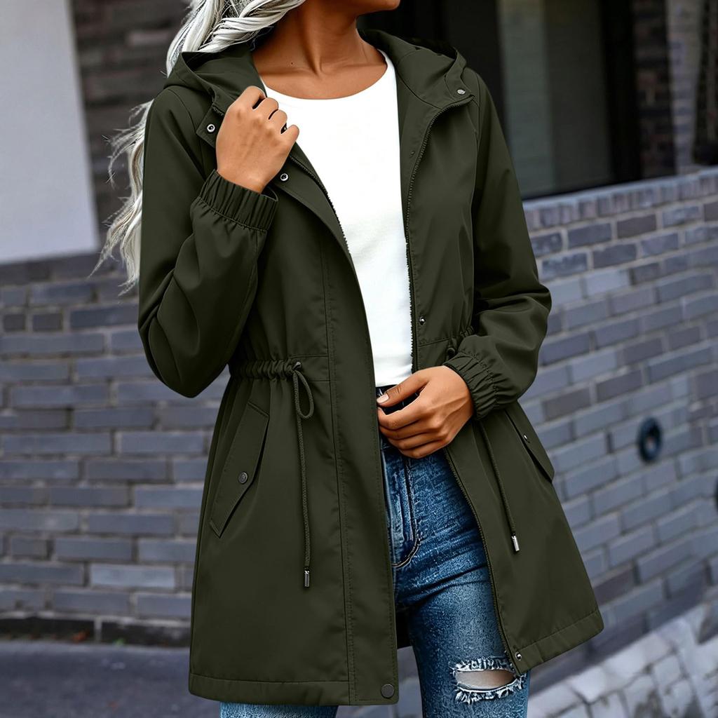 Damen Kapuzenjacke Mittellang Lässiger Lockerer Schnitt Windbreaker Mantel mit Verstellbarem Bundzug und Druckknopfleiste vorne