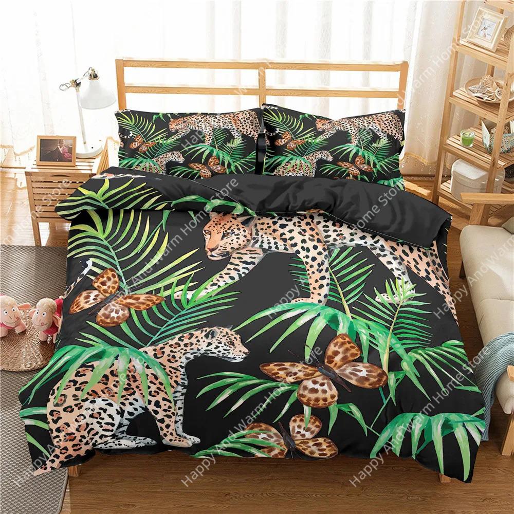 

Jungle Animal Duvet Cover King Queen Tropical Plants Palm Leaves Bedding Set Boys Tiger Wildlife 2/3Pcs Polyester Quilt Cover EU Single(135*200cm)3pcs