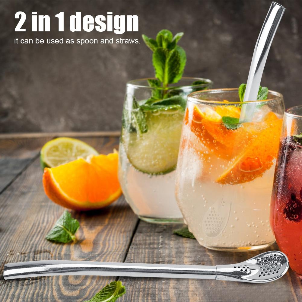 Stainless Steel Metal Drinking Straw Spoon Resuable Washable Cocktail Spoons L