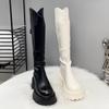 Quality Long Women Boots Flats Platform Knee High Leather Shoes Chelsea High Boots New Goth Trend Walking Fashion Mujer De Botas