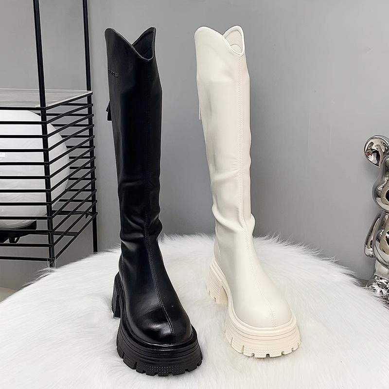 Quality Long Women Boots Flats Platform Knee High Leather Shoes Chelsea High Boots New Goth Trend Walking Fashion Mujer De Botas