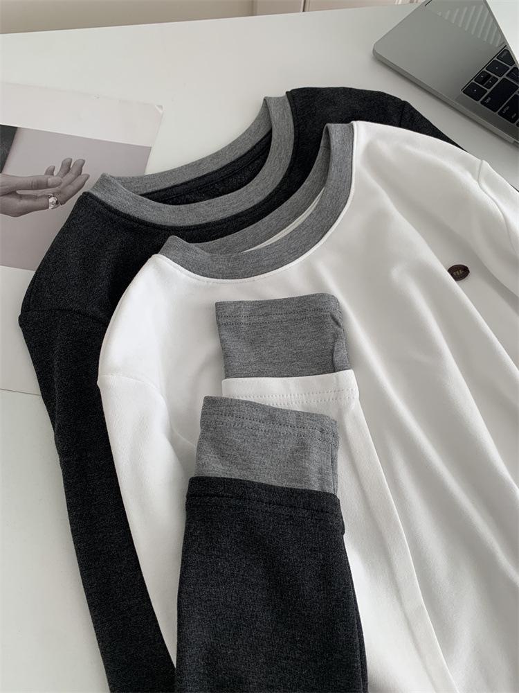 Women's Premium Color Block Round Neck Long Sleeve Fleece T-shirt - Autumn/Winter Imitation Cashmere Base Layer