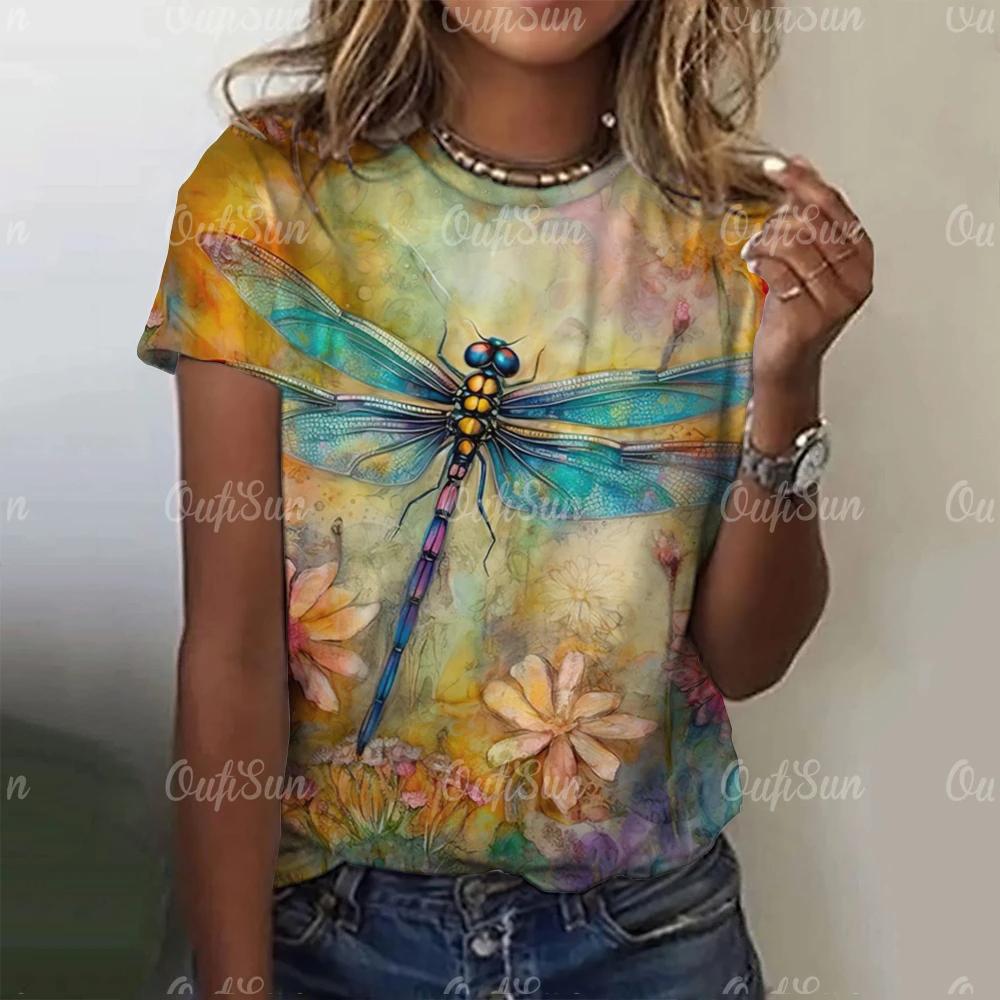 

2024 Модная женская футболка с коротким рукавом и принтом стрекозы, модная футболка для женщин, базовый повседневный женский топ оверсайз 3XL