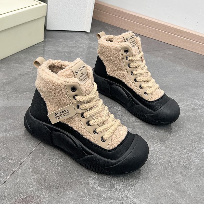 Women's Boots Winter Warm Lamb Wool High-top Vulcanized Shoes Round Toe Soft Sole Fashion Women's Shoes Comfortable Work Shoes