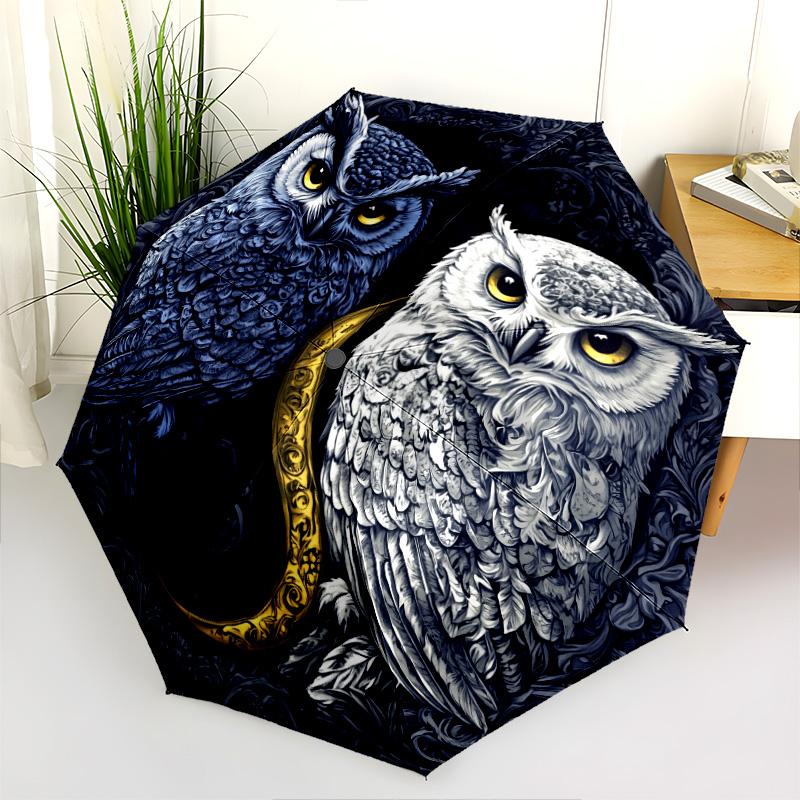 Two Owls pattern, automatic folding umbrella, portable and foldable design, 8 ribs, a Christmas or birthday gift.