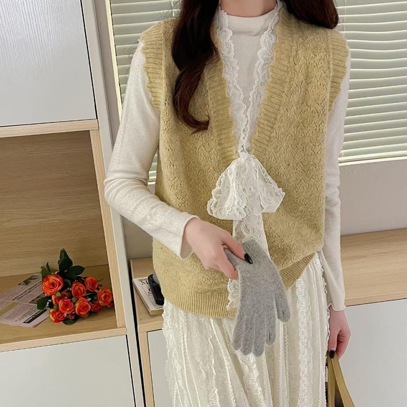 Women's Knitted Vest V-neck Lace Bow Korean Style Spring and Autumn Sweater Vest