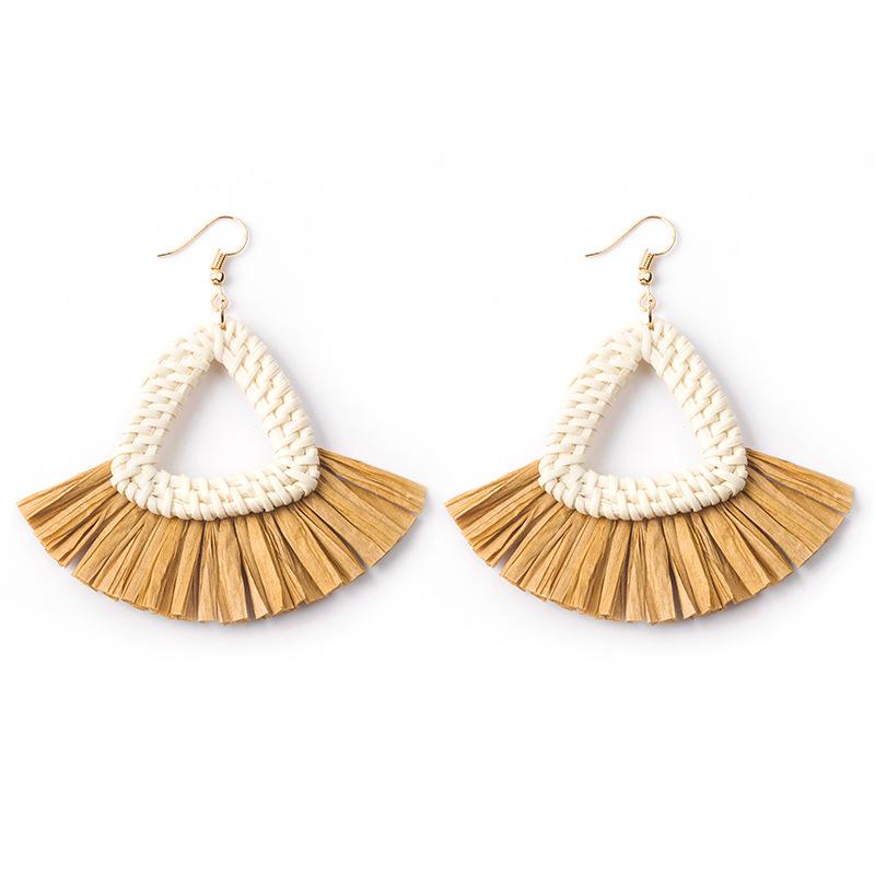 Hand-Woven Geometric Rattan Raffia Earrings, Retro Resort Fan Stud Earrings, Earrings For Women