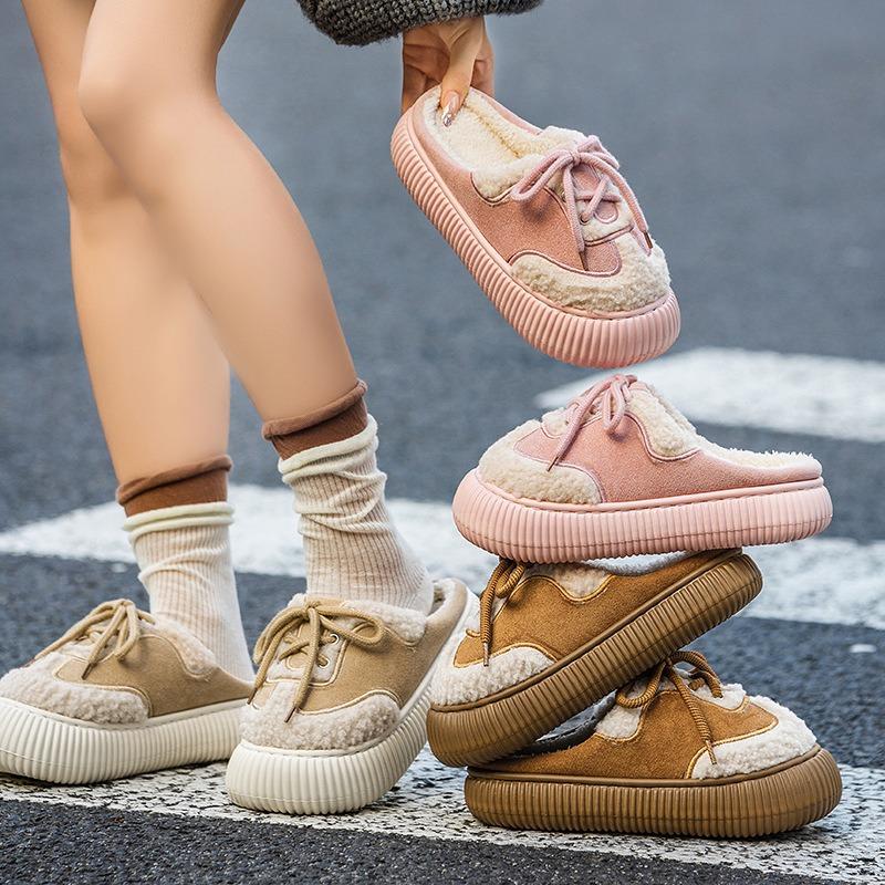 Fashion shoelaces Baotou cotton slippers women's autumn and winter new outer wear fleece warm indoor home plush cotton shoes