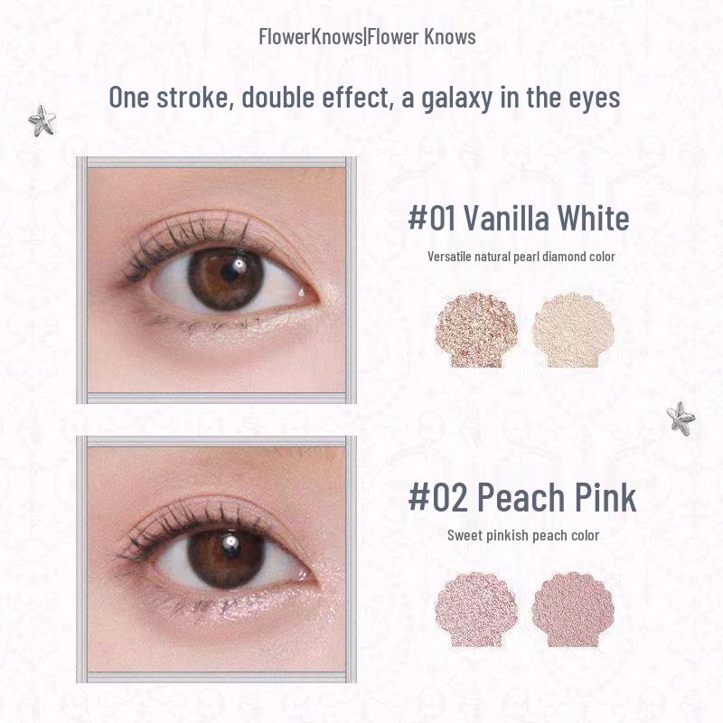 Flower Knows Pearl Satin Blush, Lip Glaze, Eyeshadow, Highlighter, Under-eye Pen, Perfume, Color Correcting Emulsion.