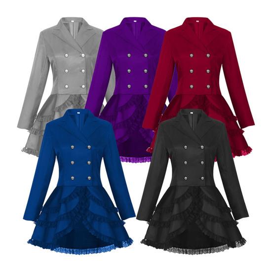 Women Double Breasted Victorian Steampunk Blazer Coat Gothic Tuxedo Tailcoat Jacket with Lace Hem Halloween Wedding Uniform Costume