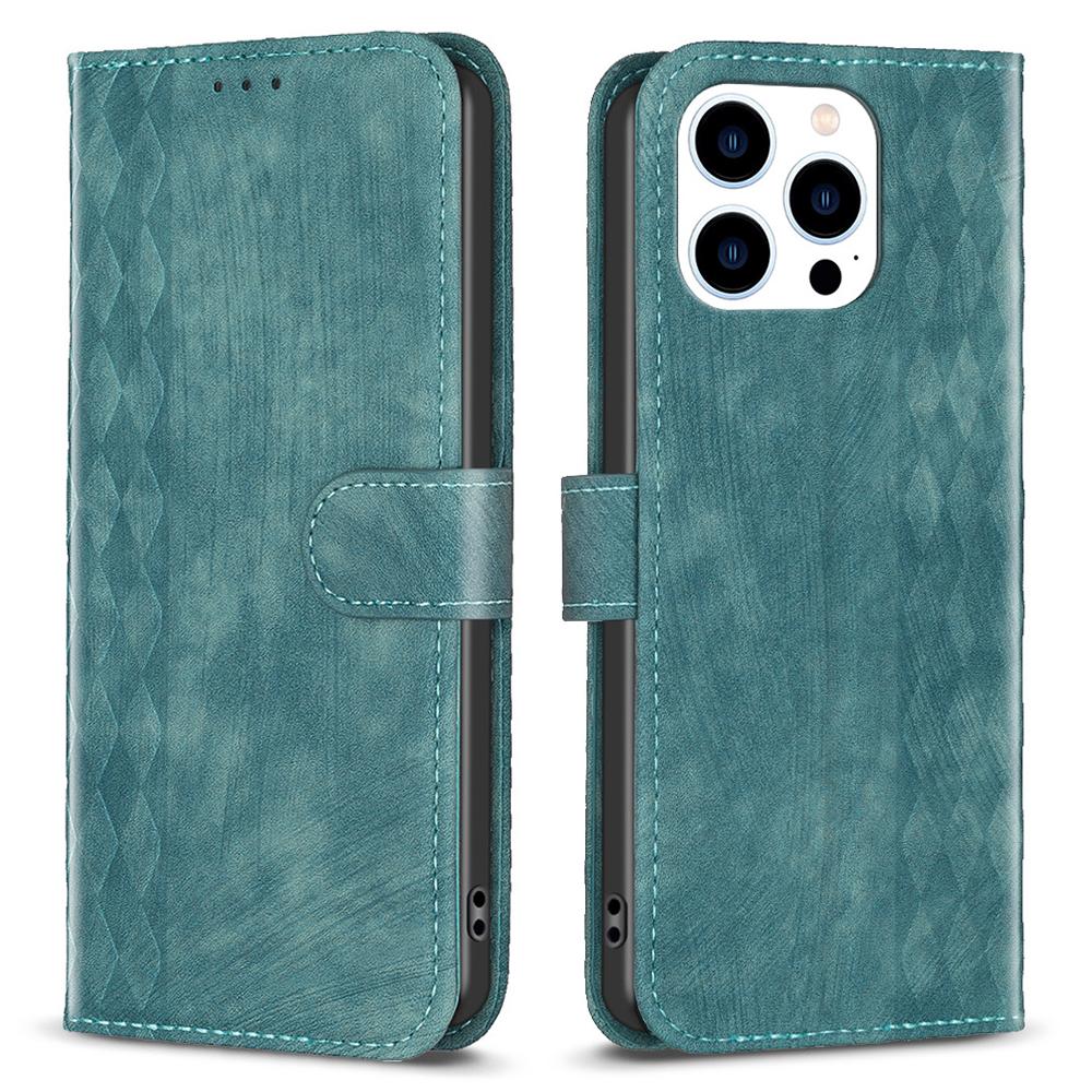

For iPhone 15 Rhombus Imprinted PU Leather Case Foldable Stand Wallet Phone Cover Green