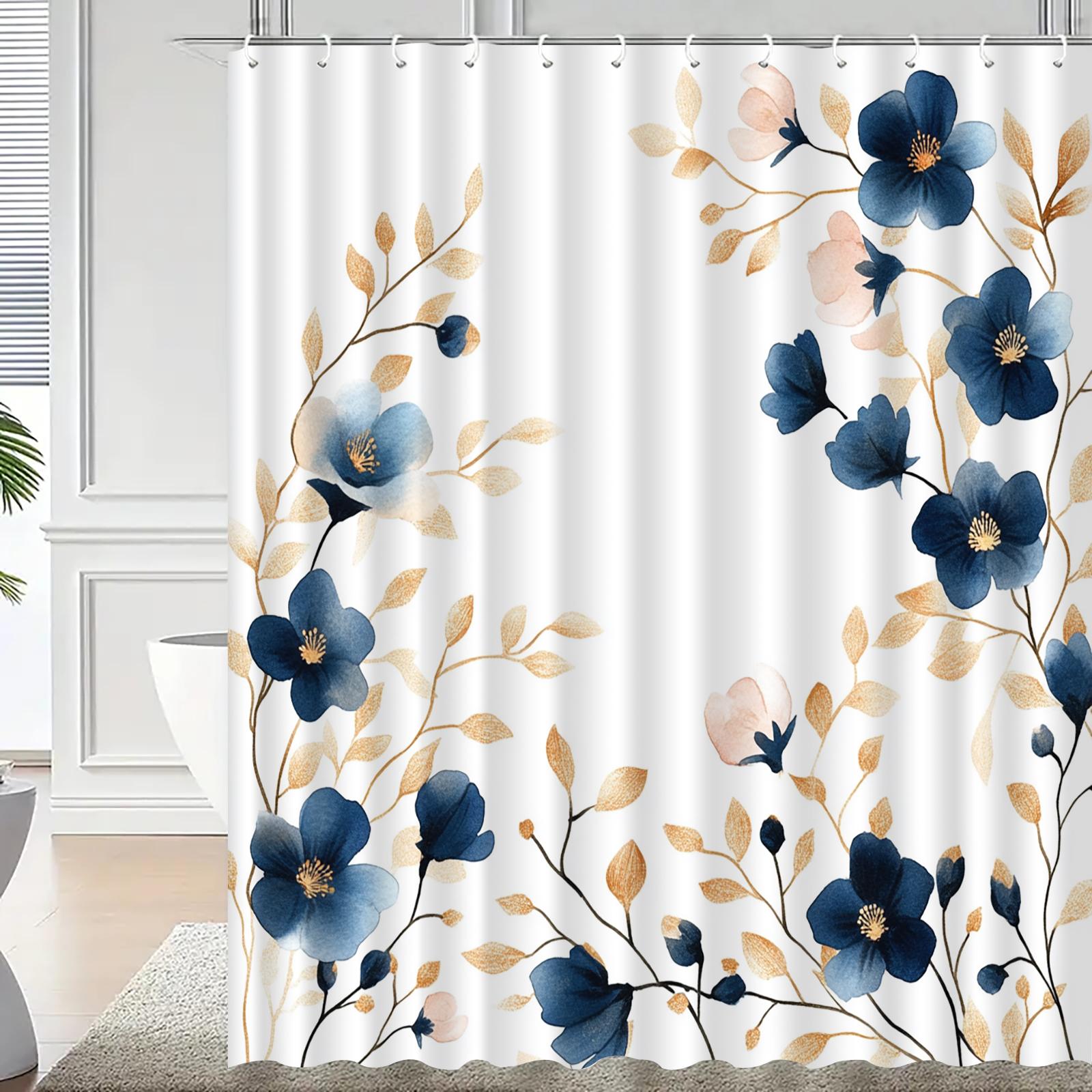 

1Pc Blue Floral Pattern Shower Curtain With Hook, Shower Curtain, Bathroom Partition, Bathroom Accessories, Home Decoration W60H190(CM)-1 Pcs