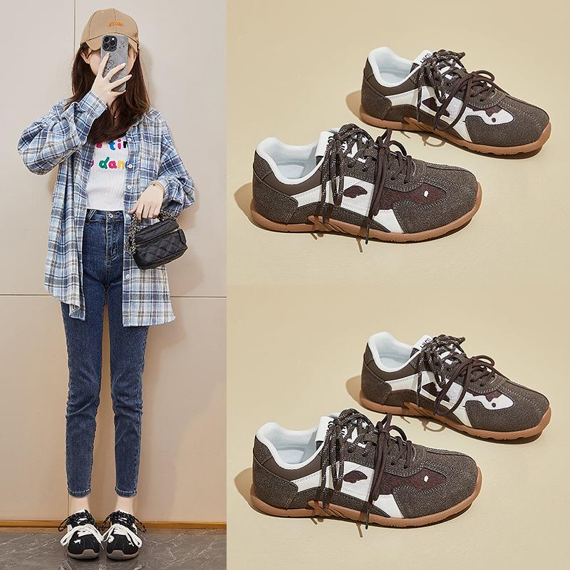 Women Round Toe Leopard Print Flat Lace-up German Training Lace Up Casual Sport Shoes Outdoor Running Vulcanized Shoe