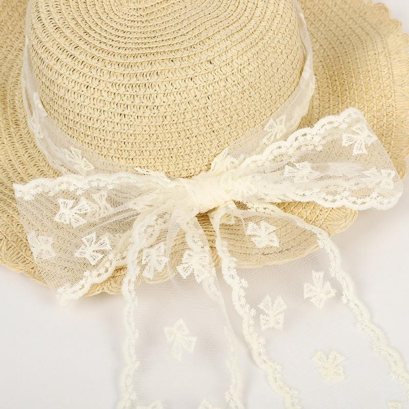 Sweet Lace Bow Straw Hat Outdoor Big Eaves Sun Hat Fashion Lace Ribbon UV Protective Straw Hat
