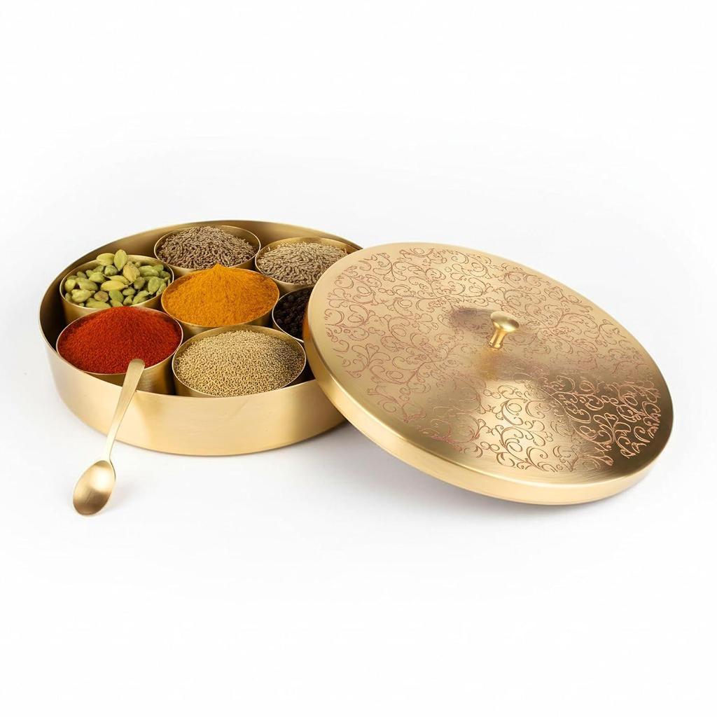 Pure Brass Kitchen Masala Dabba 8" - Floral Etched Spice Box, 7 Compartment, Handcrafted Container with Spoon & Lid
