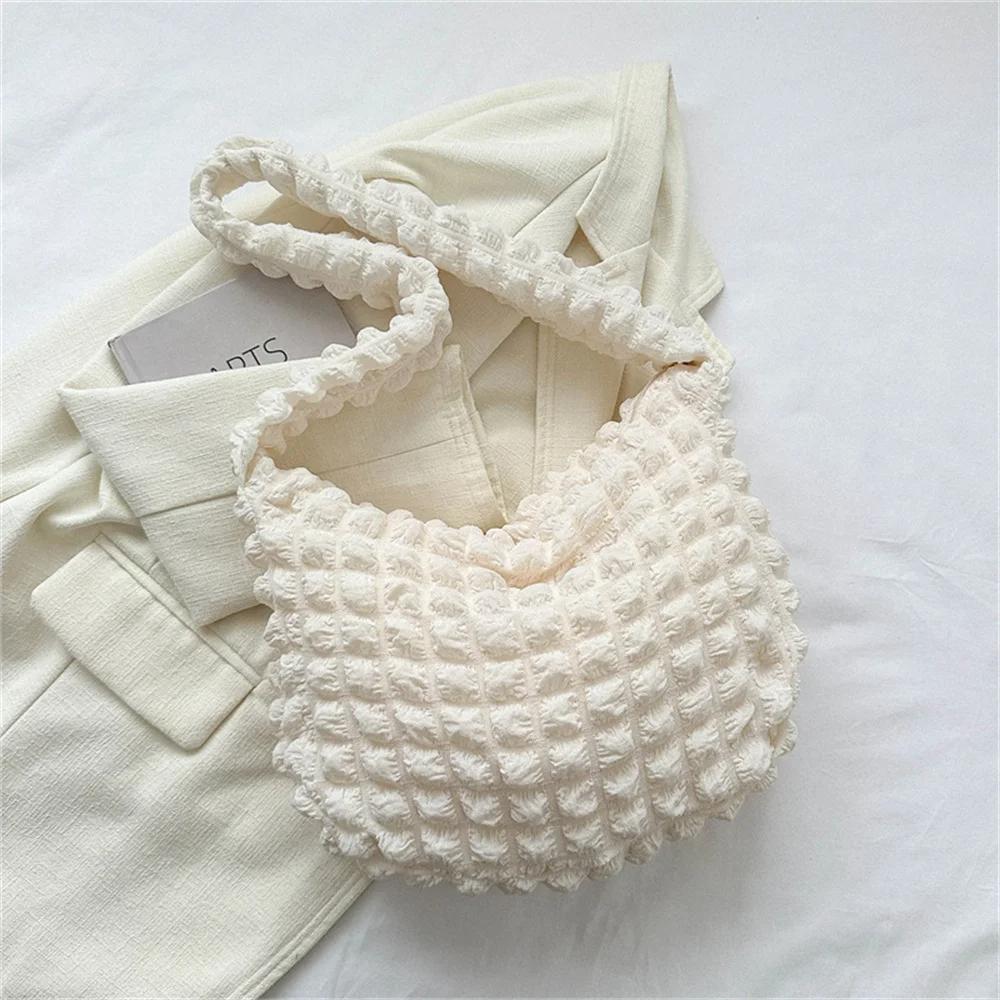 

Сумка через плечо с плиссированным дизайном, вышитая клетчатая сумка через плечо, подмышечные сумки, простые, большой емкости, стеганые сумки-тоут для женщин белый