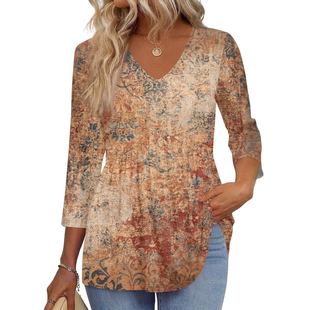 Women's T Shirt Print 3/4 Sleeve Fashion Basic V- Neck Regular Top