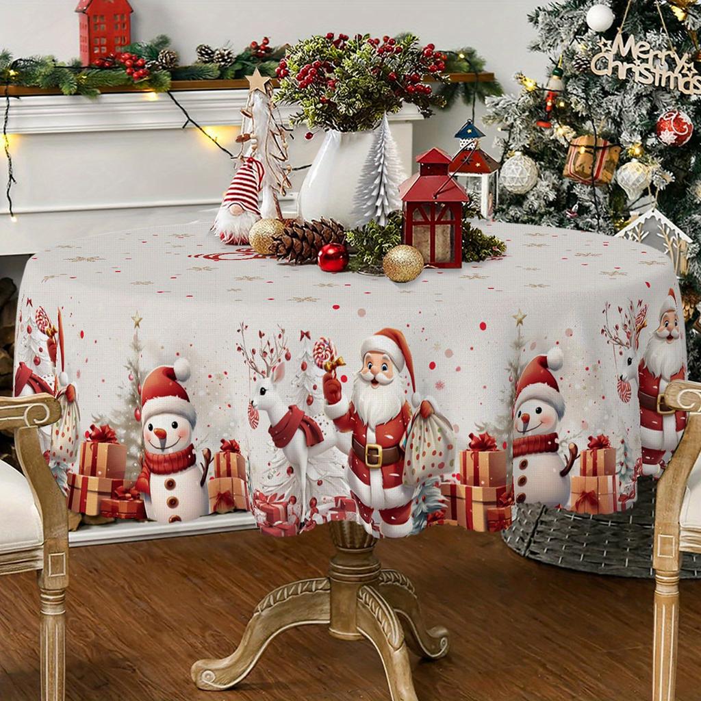 One item, Christmas Happy Tablecloth, featuring modern holiday designs of snowmen, reindeer and Santa Clauszyc