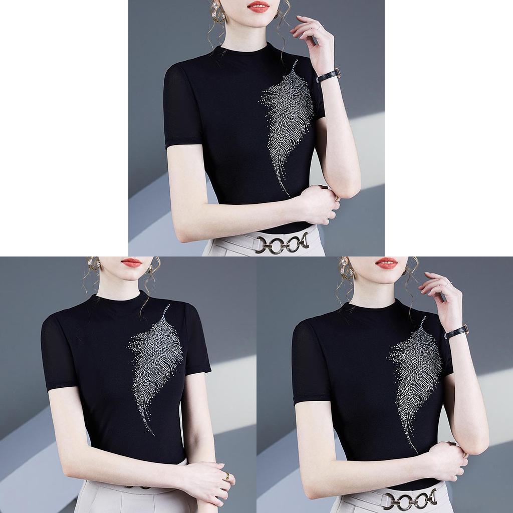 Fashion Mesh T Shirt With Rhinestone Embellishments For Summer Casual Womens Style