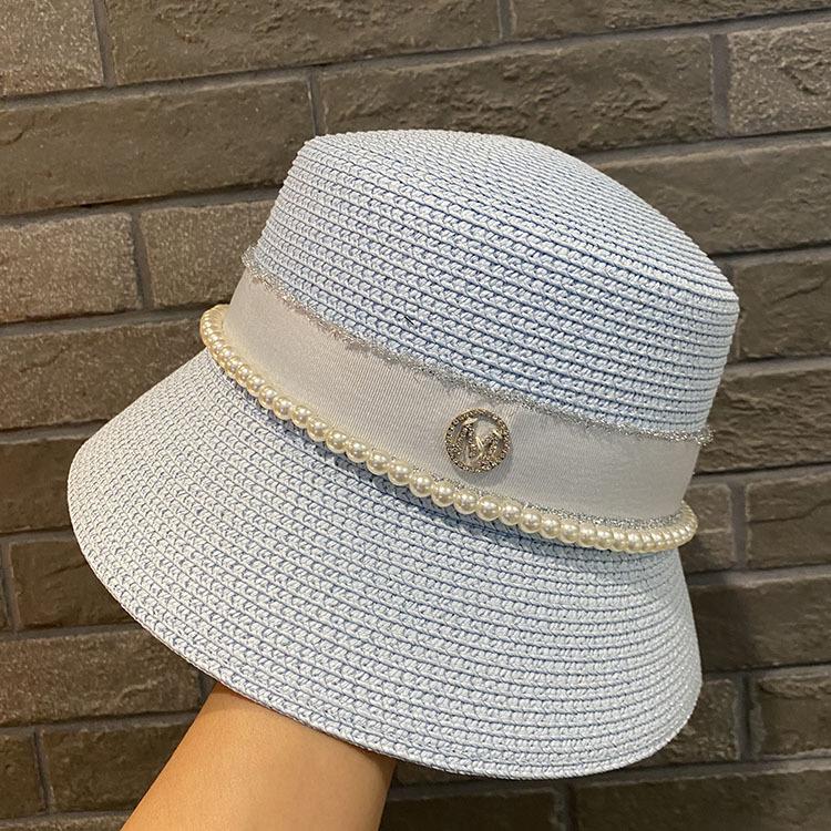 Pearl rhinestone M standard straw hat female summer seaside socialite hat face covering bucket hat sun protection beach hat
