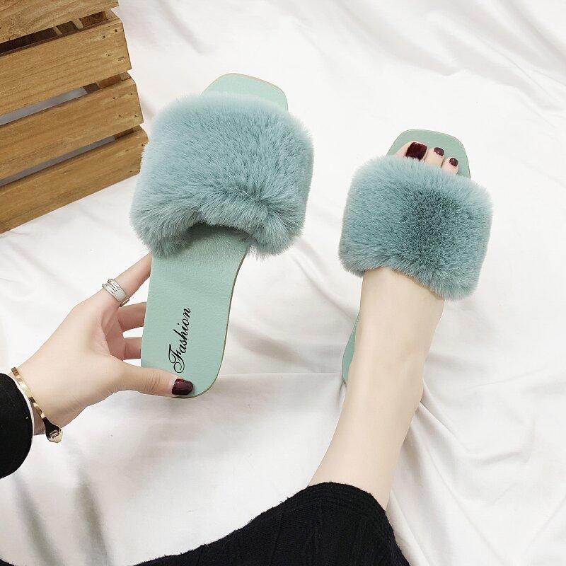 Indoor Outdoor Fur Slide Slippers Soft Plush Open Toe House Shoes Lightweight Comfortable Slip Resistant Sole