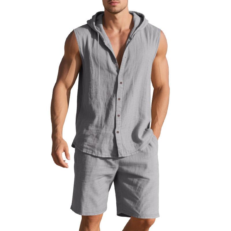 Summer Men's Summer Loose Casual Simple Hooded Sleeveless Shirt Shorts Two-piece Set