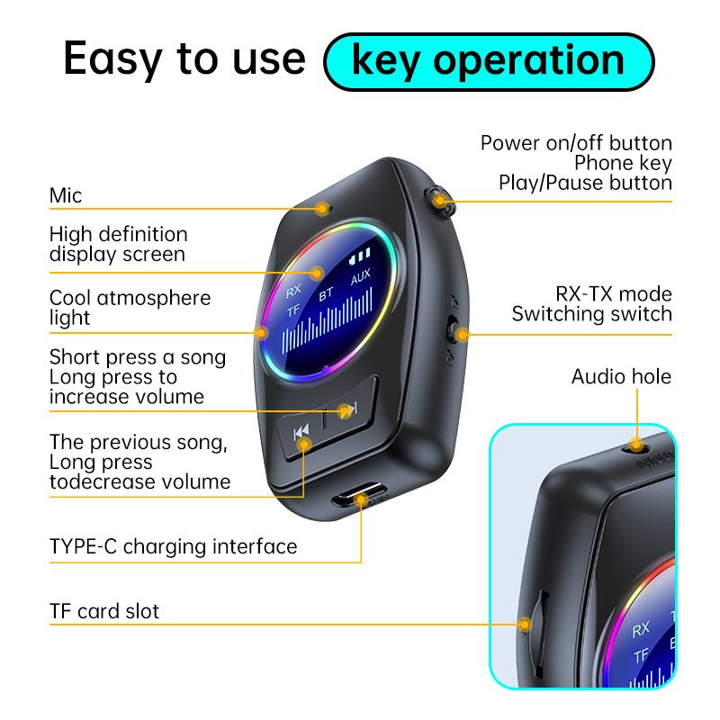 Bluetooth 5.4 Audio Transmitter Receiver RGB LED Display Hifi Stereo Music Wireless Adapter 3.5MM AUX TF With Mic For TV PC Car