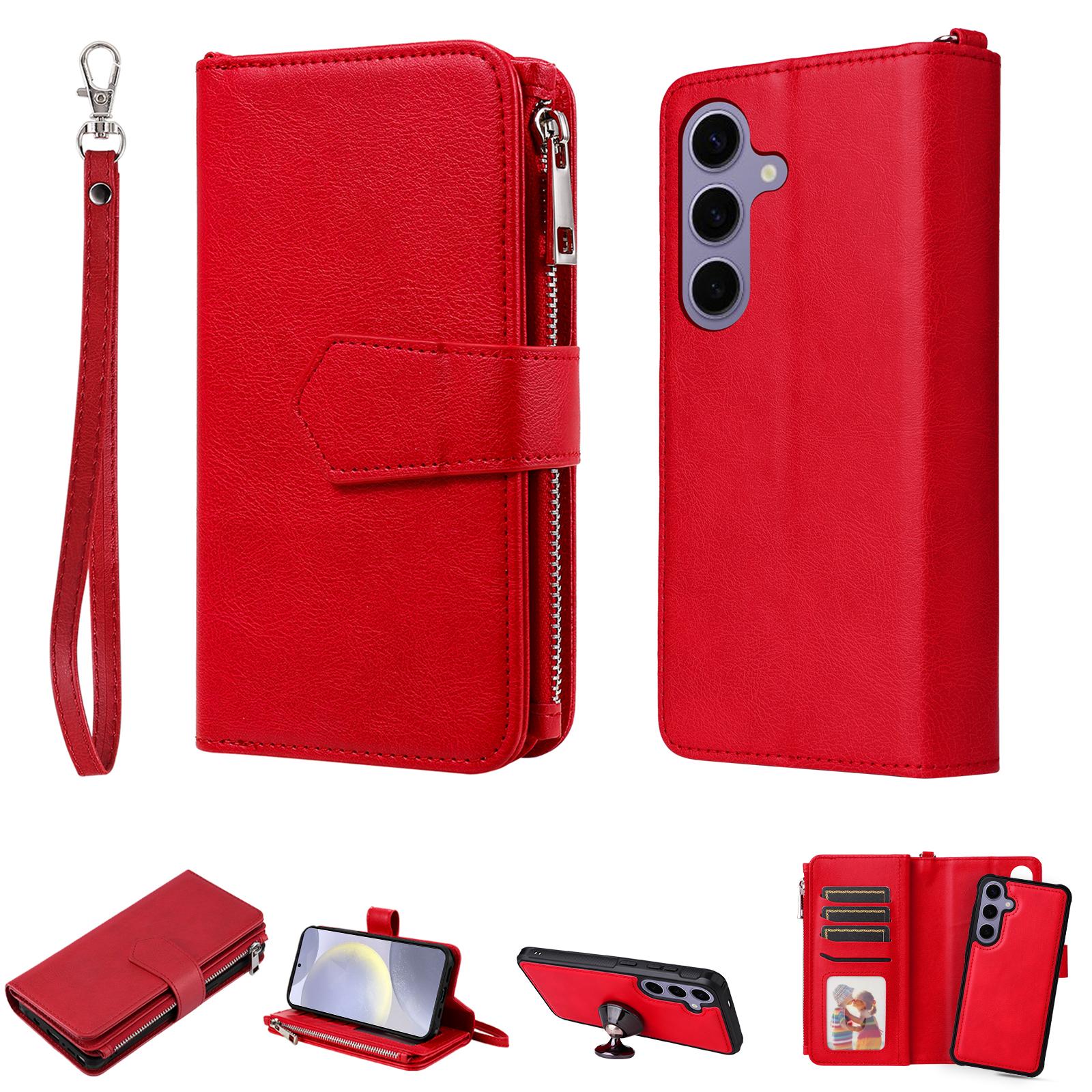 

Для Samsung Galaxy S25+ Магнитный кожаный чехол Мобильная накладка со съемным кошельком на молнии и ремешком Red