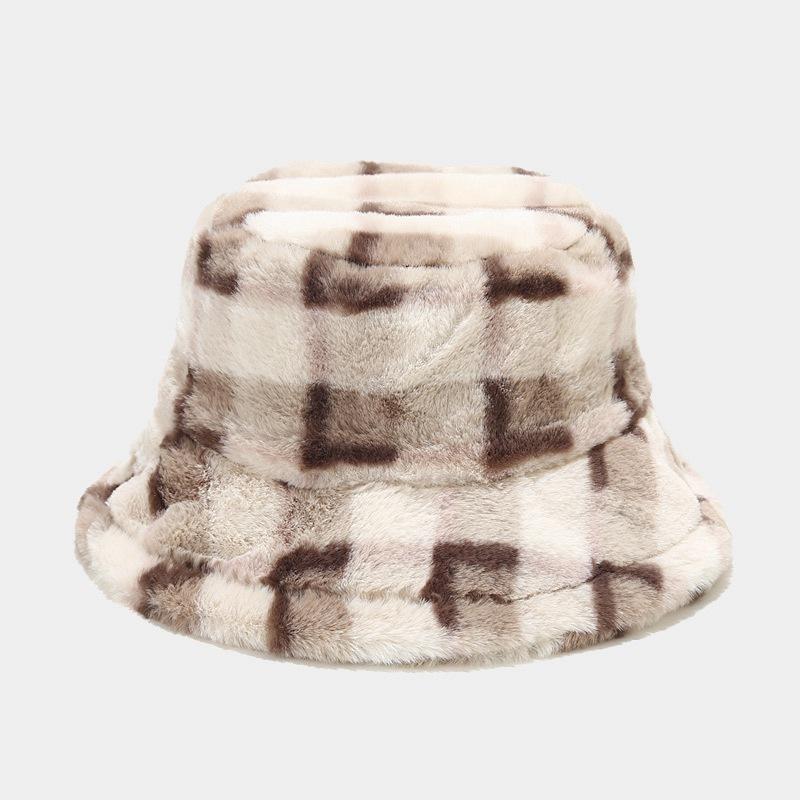 Women S Plaid Faux Fur Bucket Hat Winter Warm Outdoor Casual Hat