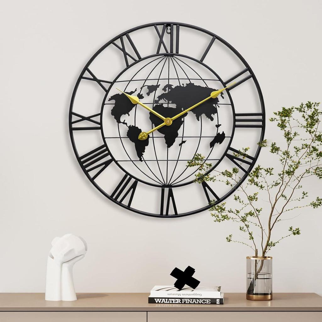 Large World Map Wall Clock, Metal Minimalist Modern Clock, Round Silent Non-Ticking Battery Operated Wall Clocks for Living Room/Home