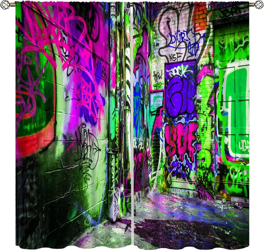 Modern Graffiti Curtains Boys Room Rap Abstract Art Street Wall Symbol Lines Window Drapes Print Kids Girls Curtain Made Of Polyester