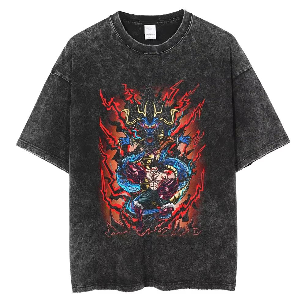 Nika Luffy Gear 5 ONE PIECE Anime Harajuku Retro Washed T-shirt Cotton Men Streetwear Oversized Women Short Sleeves