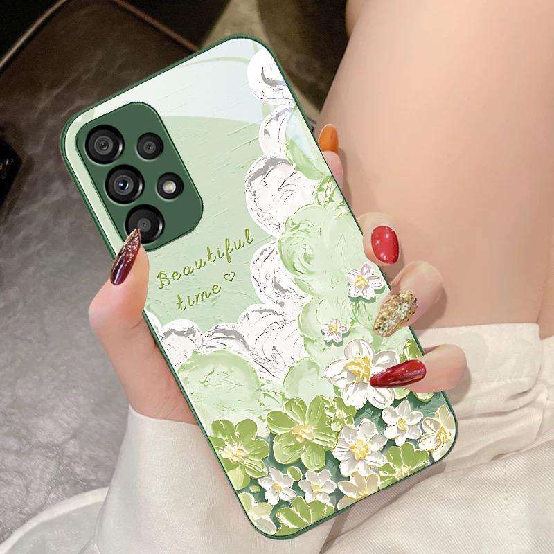 Oil Painting Flower Blue For Samsung Galaxy S10 4G S20 11E 30 S21 21Fe 22 S24 Pro S23 Ultra 5G S8 S9 Tempered Glass Phone Case