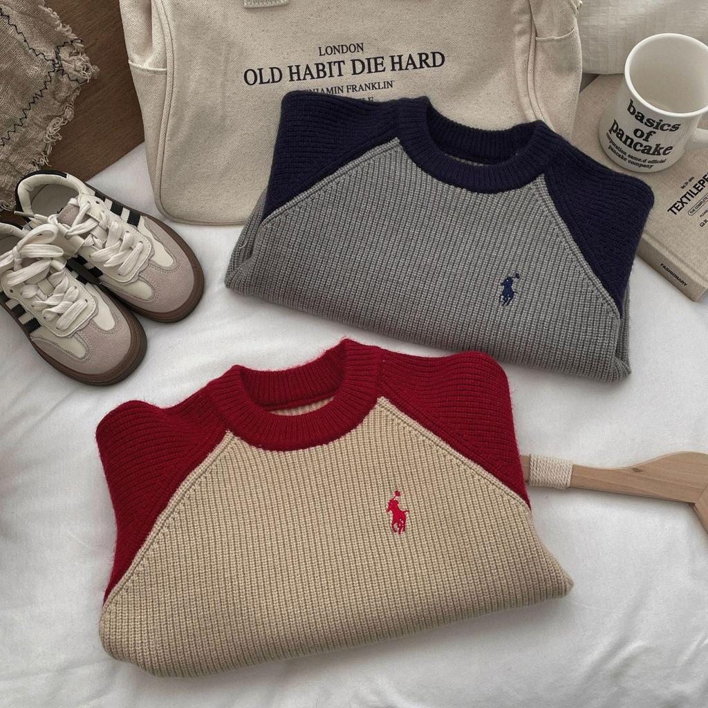 2024 Autumn/Winter Kids' Color Block Round Neck Sweaters: Korean Style Thick Pullover for Boys and Girls Trend