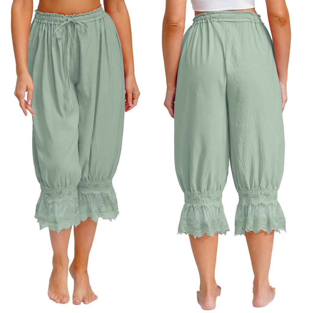 S-L Women's Lace Trim Bloomers: Versatile Midi Harem Pants with Drawstring, Loose Wear & Medieval Pirate Costume