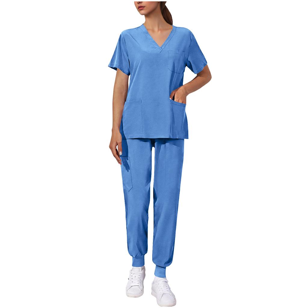 Women's Uniform Quick,drying Fabric Color V,neck Pocket Short,sleeved Trousers Suit Uniform Suit